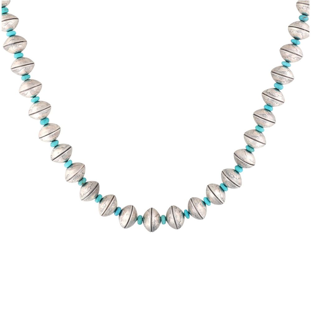 Lot 261: James McCabe Navajo Silver Turquoise Liberty Dime Necklace