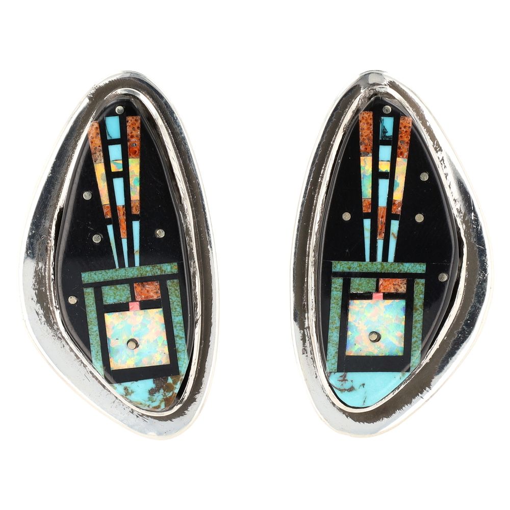 Lot 292: Signed NR Navajo Inlay Earrings
