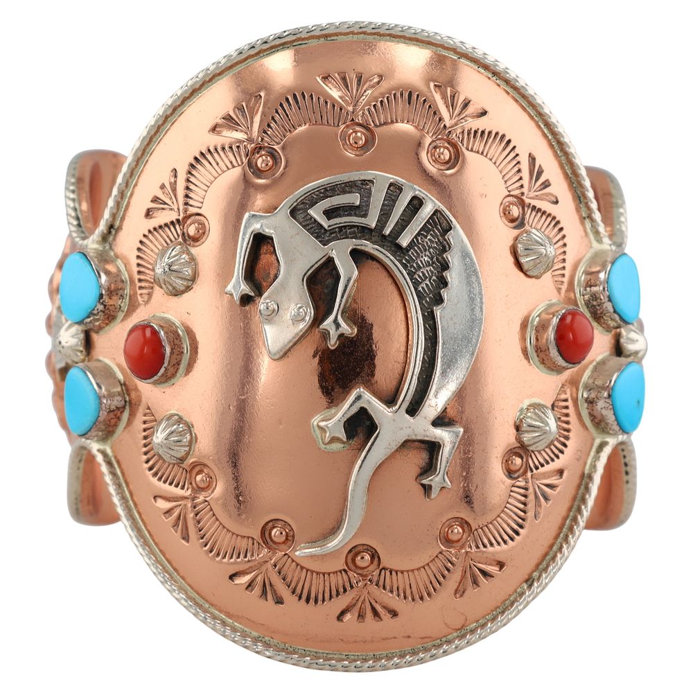 Lot 308: Running Bear Navajo Copper Sterling Silver Lizard Multi-Stone Cuff Bracelet