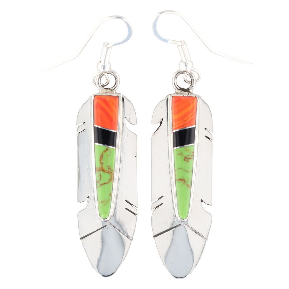 Lot 334: Mary Yazzie Navajo Sterling Inlay Feather Earrings