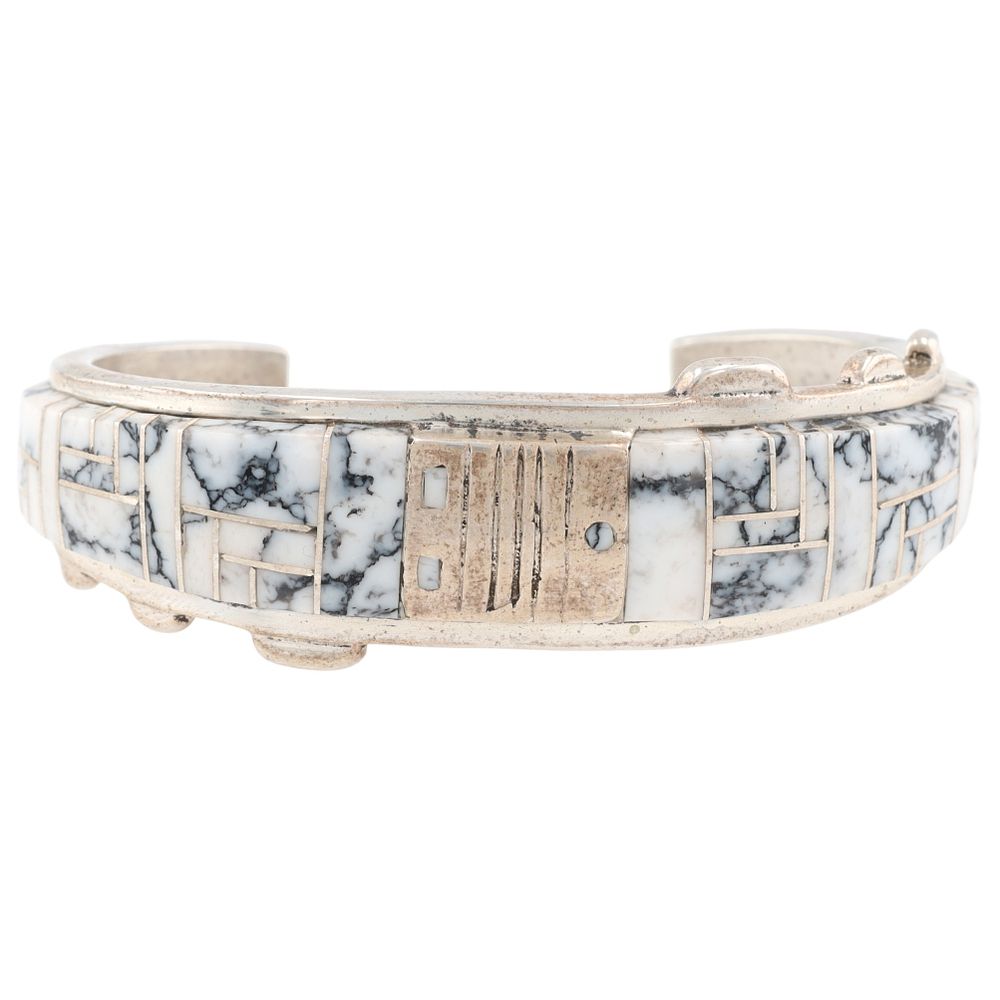 Lot 341: Charles Johnson Navajo Sterling White Buffalo Inlay Cuff Bracelet