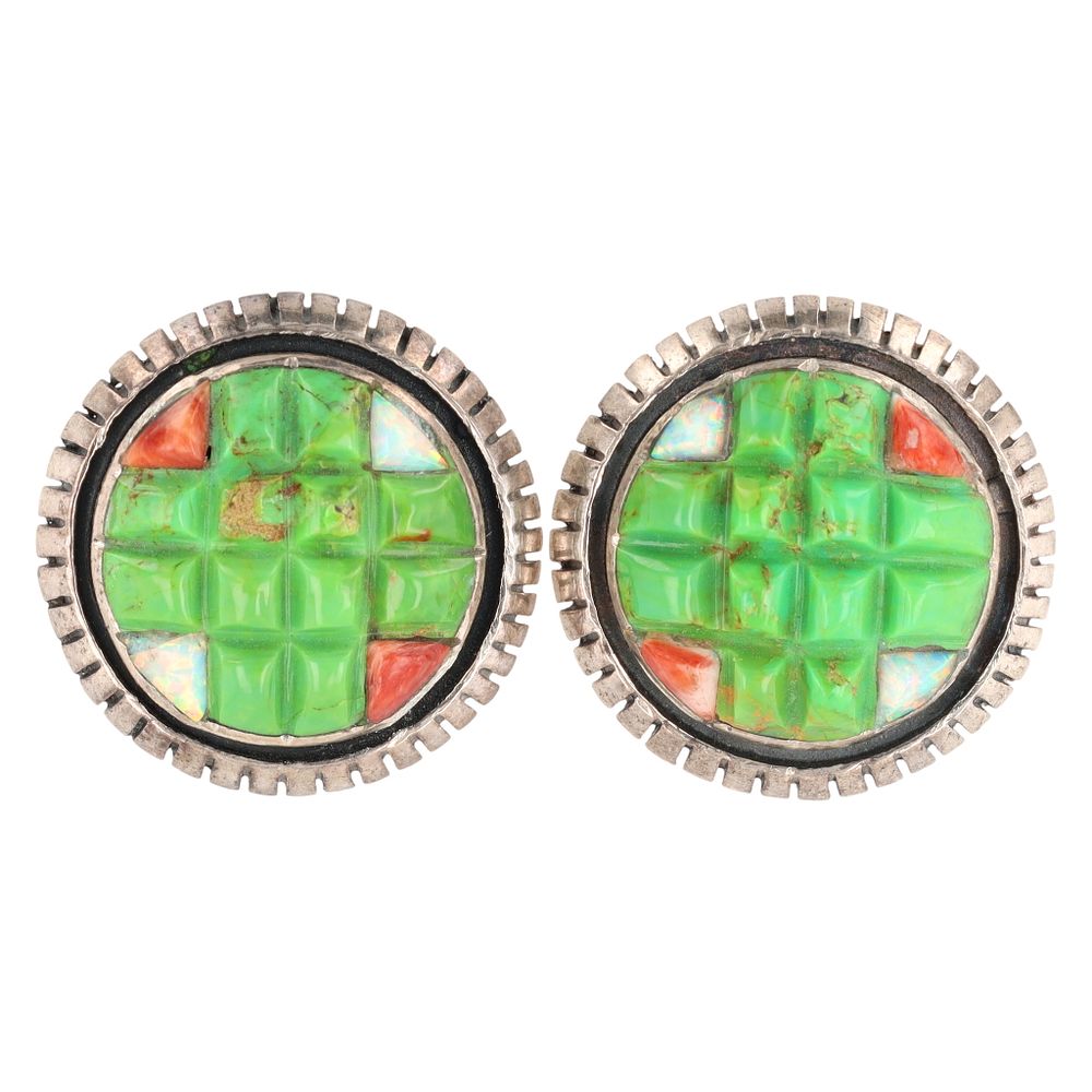 Lot 355: A Pair of BM Sterling Silver Gaspeite Inlay Earrings