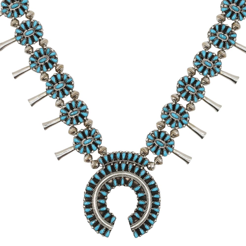 Lot 361: Milton James Navajo Sterling Reversible Squash Blossom Necklace