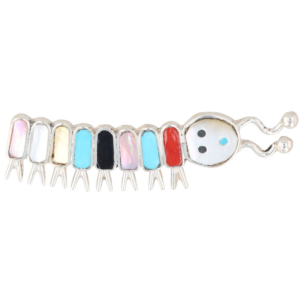 Lot 379: Earline Edaakie Zuni Sterling Multi-Stone Inlaid Caterpillar Brooch