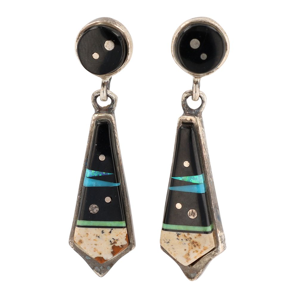 Lot 392: Elvera Yazzie Navajo Sterling Night Sky Inlay Earrings