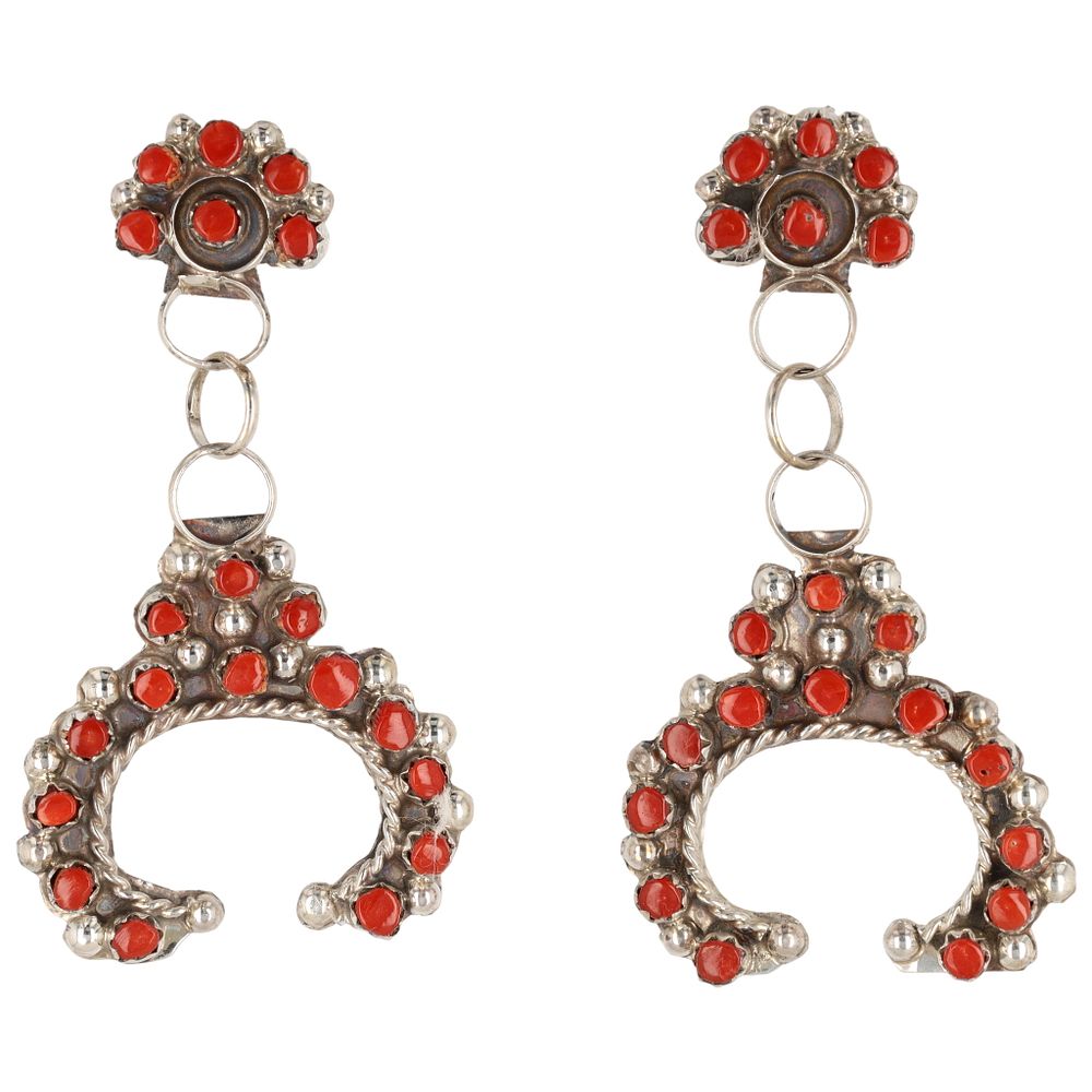 Lot 407: Joanne Cheama Zuni Sterling Coral Earrings
