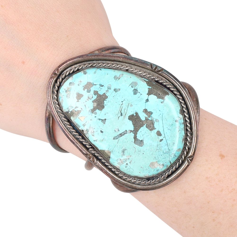 Lot 412: Vintage Navajo Morenci Turquoise Sterling Cuff Bracelet