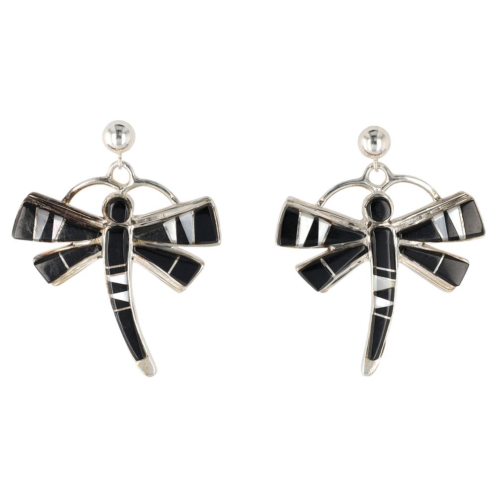 Lot 424: A Pair of Calvin Begay Sterling Silver Dragonfly Inlay Earrings