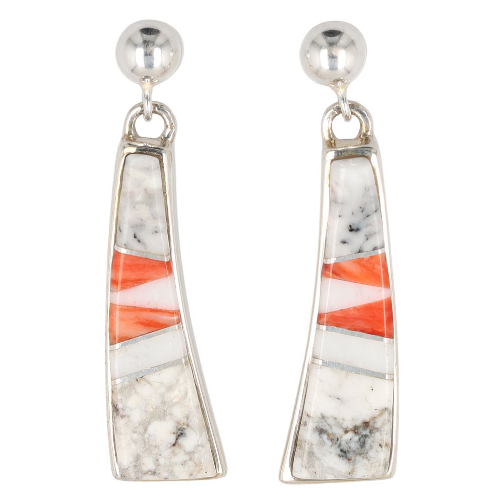 Lot 447: A Pair of Calvin Begay Sterling Silver Spiny Oyster Inlay Dangle Earrings