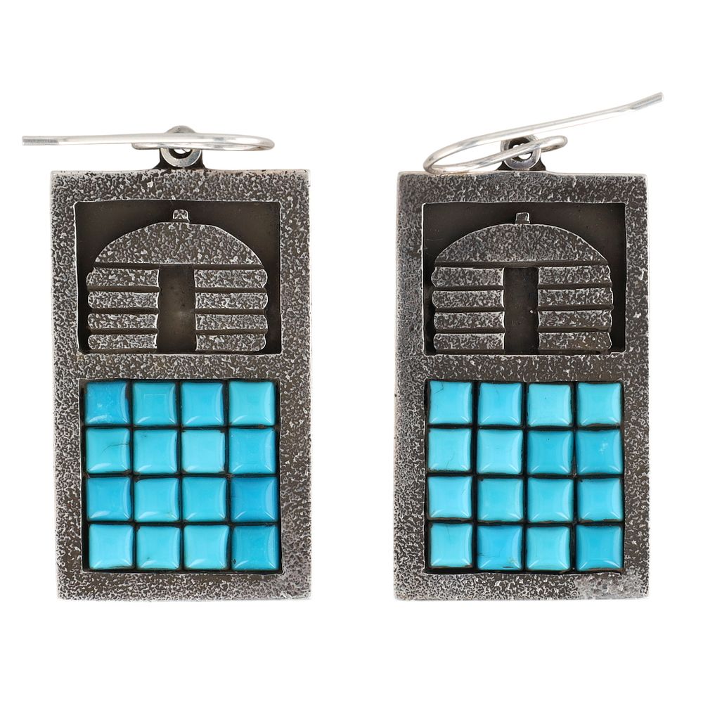 Lot 449: Aaron John Navajo Sterling Turquoise Hogan Earrings