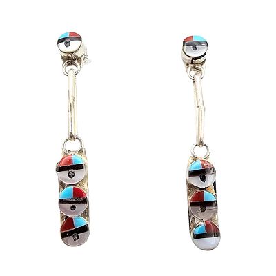 Zuni Sterling Multi-Stone Inlay Dangle Earrings. Zuni handmade sterling silver dangle earrings 