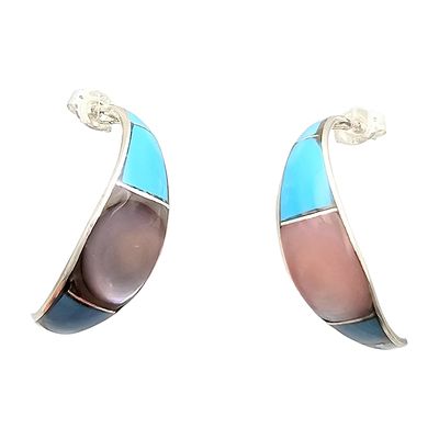 James Kee Zuni Mother Of Pearl Turquoise Sterling Hoop Earrings. Zuni-style hoop earrings 