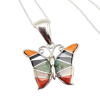 Aldora Henry Navajo Sterling Multi-Stone Butterfly Necklace. Sterling silver butterfly necklace 