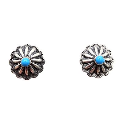 Sterling Kingman Turquoise Floral Earrings. Sterling silver stud earrings featuring a floral 