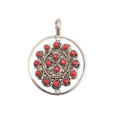 Waylon Johnson Zuni Sterling Turquoise & Coral Pendant. Handmade sterling silver pendant by Zuni 