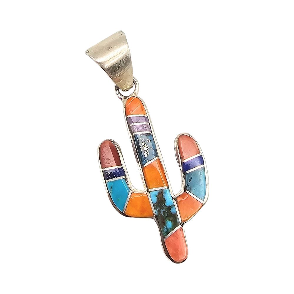 Lot 156: Aldora Henry Navajo Sterling Cactus Inlay Pendant