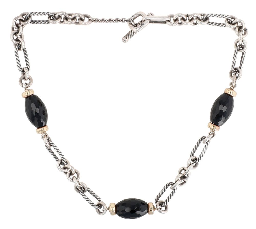 Lot 172: David Yurman Sterling & 18K Gold Faceted Onyx Station Necklace