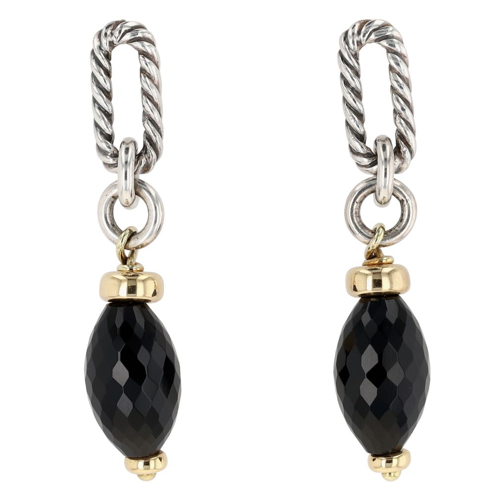Lot 173: David Yurman Sterling & 18K Gold Faceted Onyx Dangle Earrings
