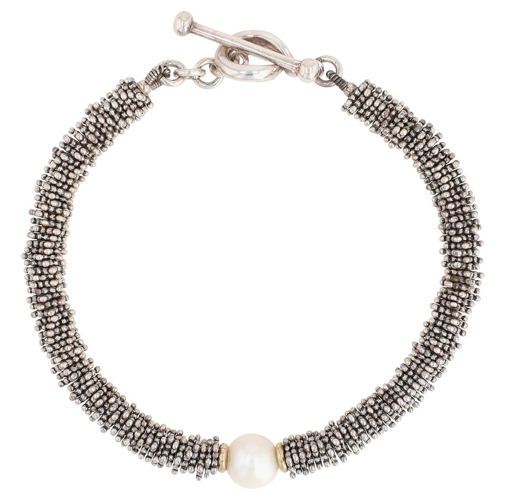 Lot 176: Michael Dawkins Sterling & 14K Gold Pearl Caviar Bracelet
