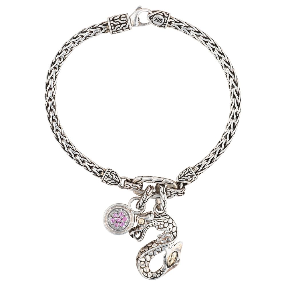 Lot 190: John Hardy Sterling & 18K Gold Naga Dragon Pink Sapphire Charm Bracelet