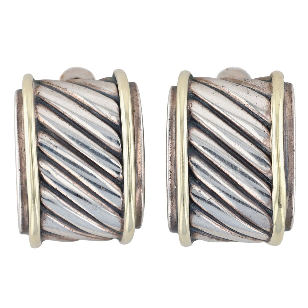 Lot 193: David Yurman Sterling & 14K Gold Cable Cigar Band Earrings
