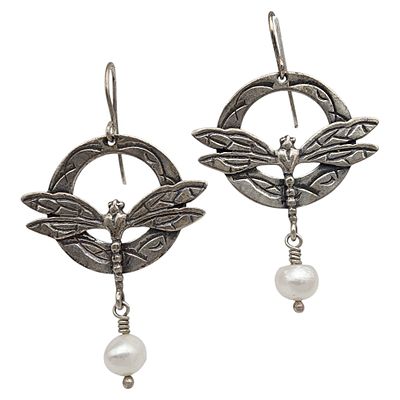 Israel Sterling Pearl Dragonfly Earrings. Israel Sterling and Pearl Dragonfly Earrings - 8.8g