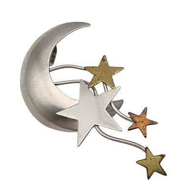 Sterling Star and Moon Pendant Brooch - 8.9g
