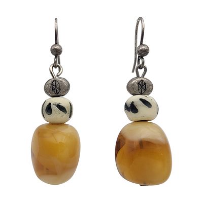 Sterling Amber and Bead Dangle Earrings - 5.7g