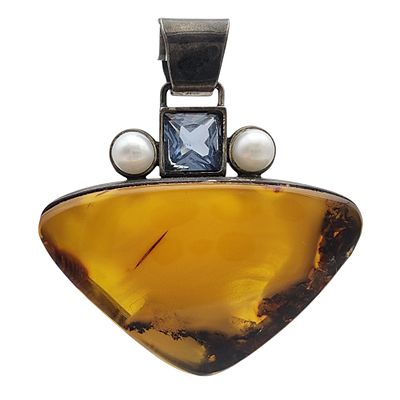 Signed Vintage Sterling Baltic Amber and Topaz Pendant. Signed and Assay Marked (Gdansk, Poland) 