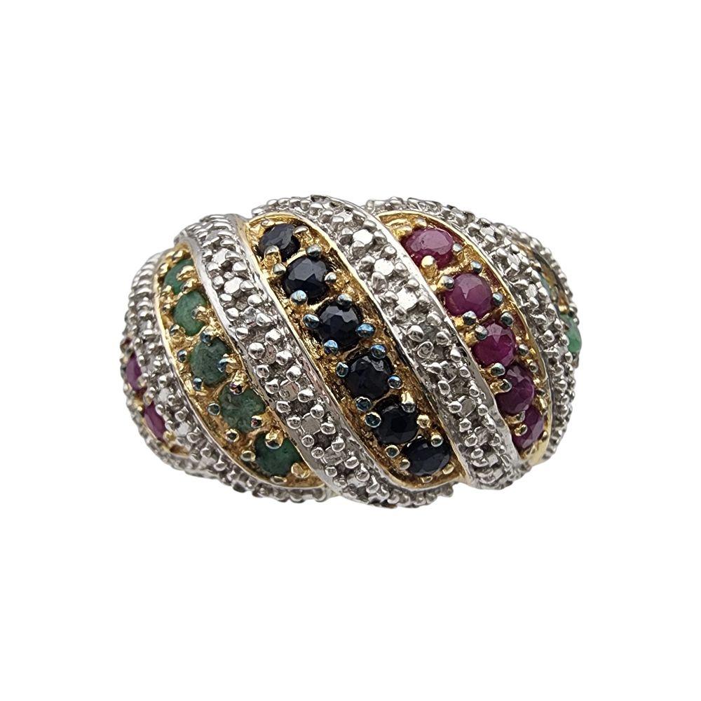Lot 159: Ross Simons Gold over Sterling Emerald, Ruby, and Sapphire Ring Sz 8