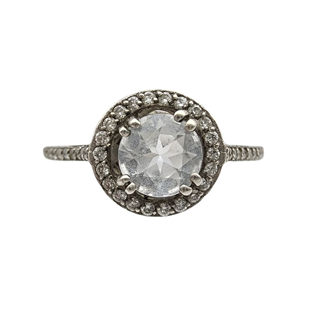 Lot 287: Sterling Topaz and Diamond Halo RIng Sz 10.5