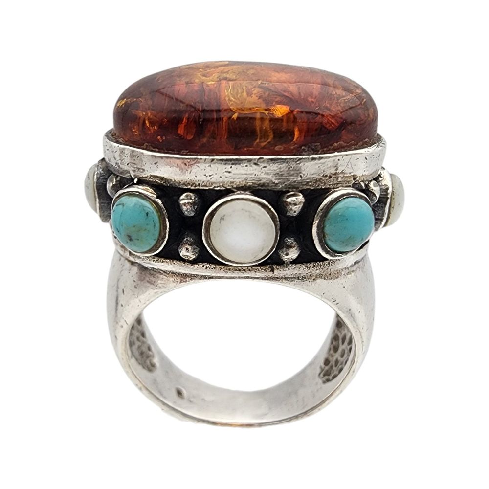 Lot 352: Vintage Sterling Amber and Turquoise Ring Sz 5