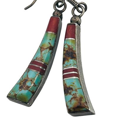 Navajo Signed E Inlaid Turquoise Coral Earrings 5.2 G. Navajo signed E inlaid turquoise coral 