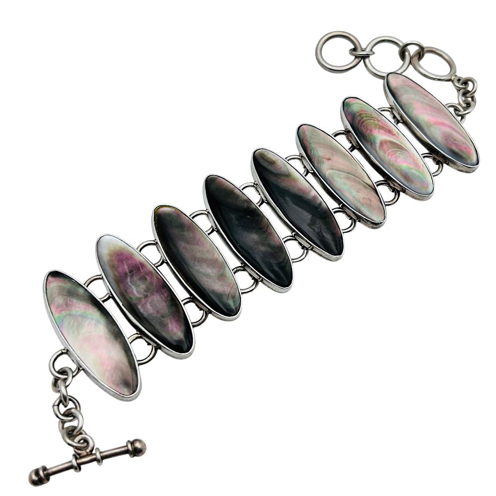 Lot 180: Charles Albert Fine Sterling Silver Abalone Oval Linked Bracelet Adjustable Toggle Clasp 66.43 G