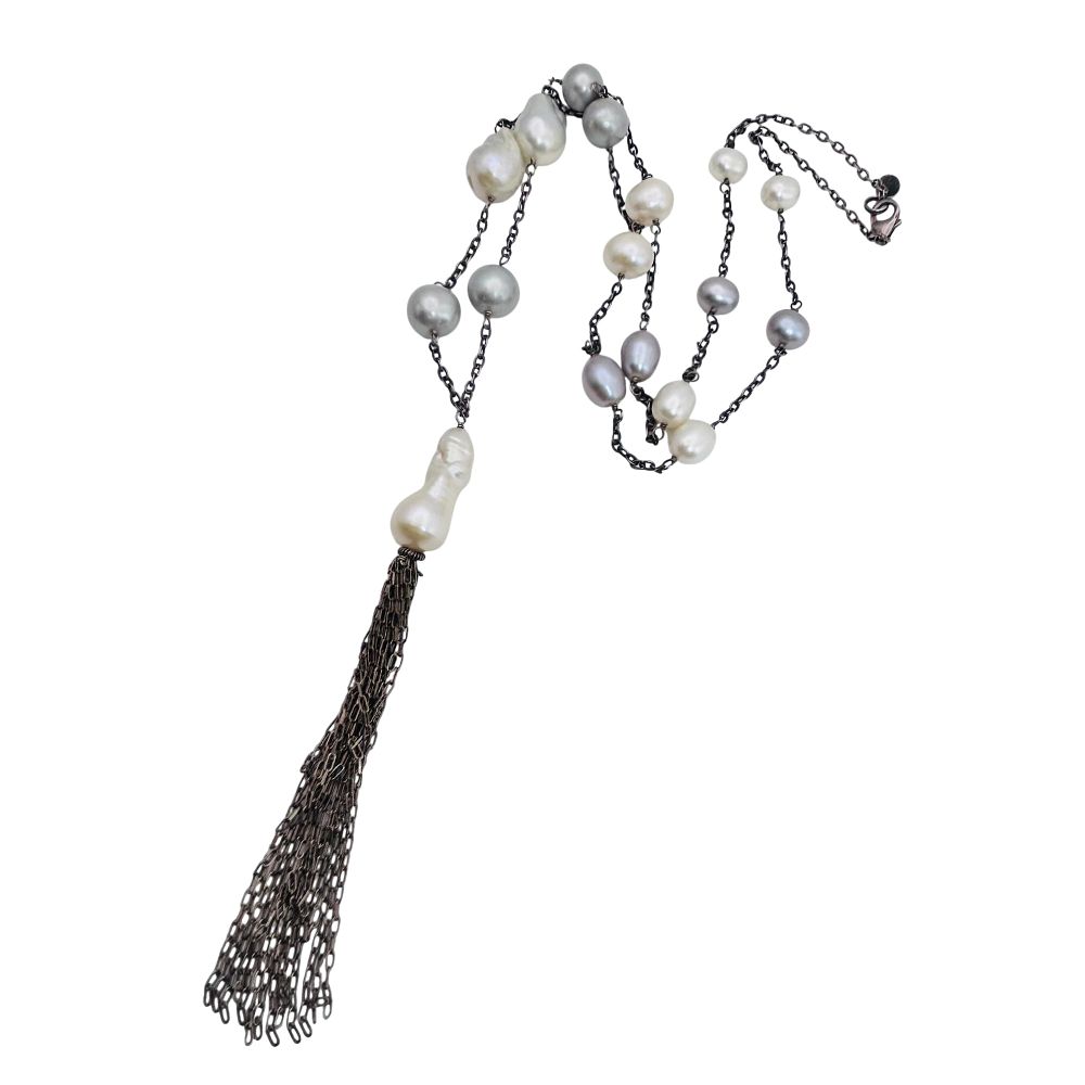 Lot 186: LUC Pearl And Sterling Cable Chain Tassel Necklace 31.4 G