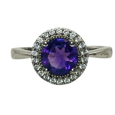 AMETHYST, TOPAZ Sterling Halo Ring, Size 6.5, 3.49 G. C AMETHYST TOPAZ Sterling halo ring size 