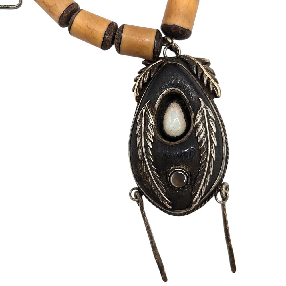 Lot 151: Sterling Vintage, Native, Opal, Wood Bead Necklace 35.2g