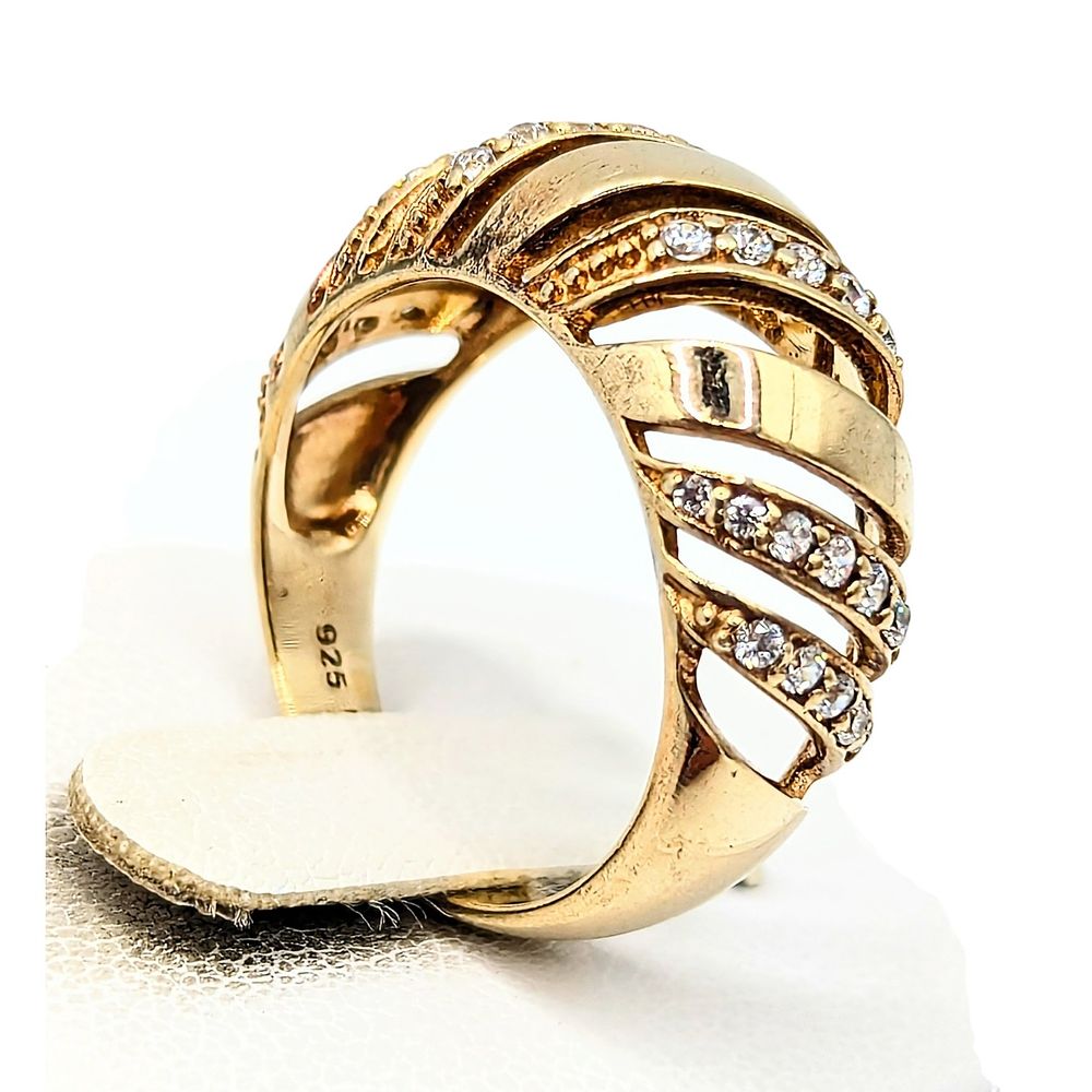 Lot 212: Gold Over Sterling Rhinestones Curved Lines, Ring Size 7, 4.1g