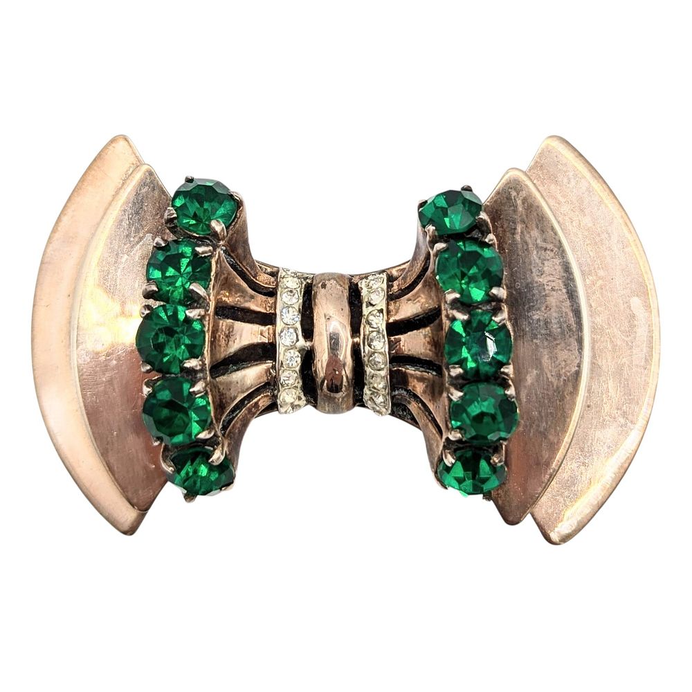 Lot 219: Sterling Bronze colored Green & Clear Rhinestones, Bow Brooch 32.3g