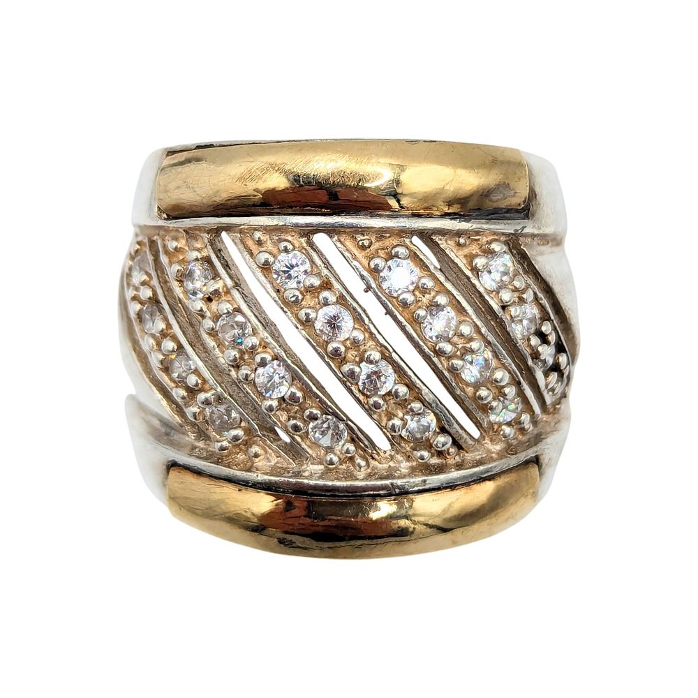 Lot 233: H Sterling Rhinestones Multiple Rows Two Tone Wide Band Ring Size 6.75, 13.3g