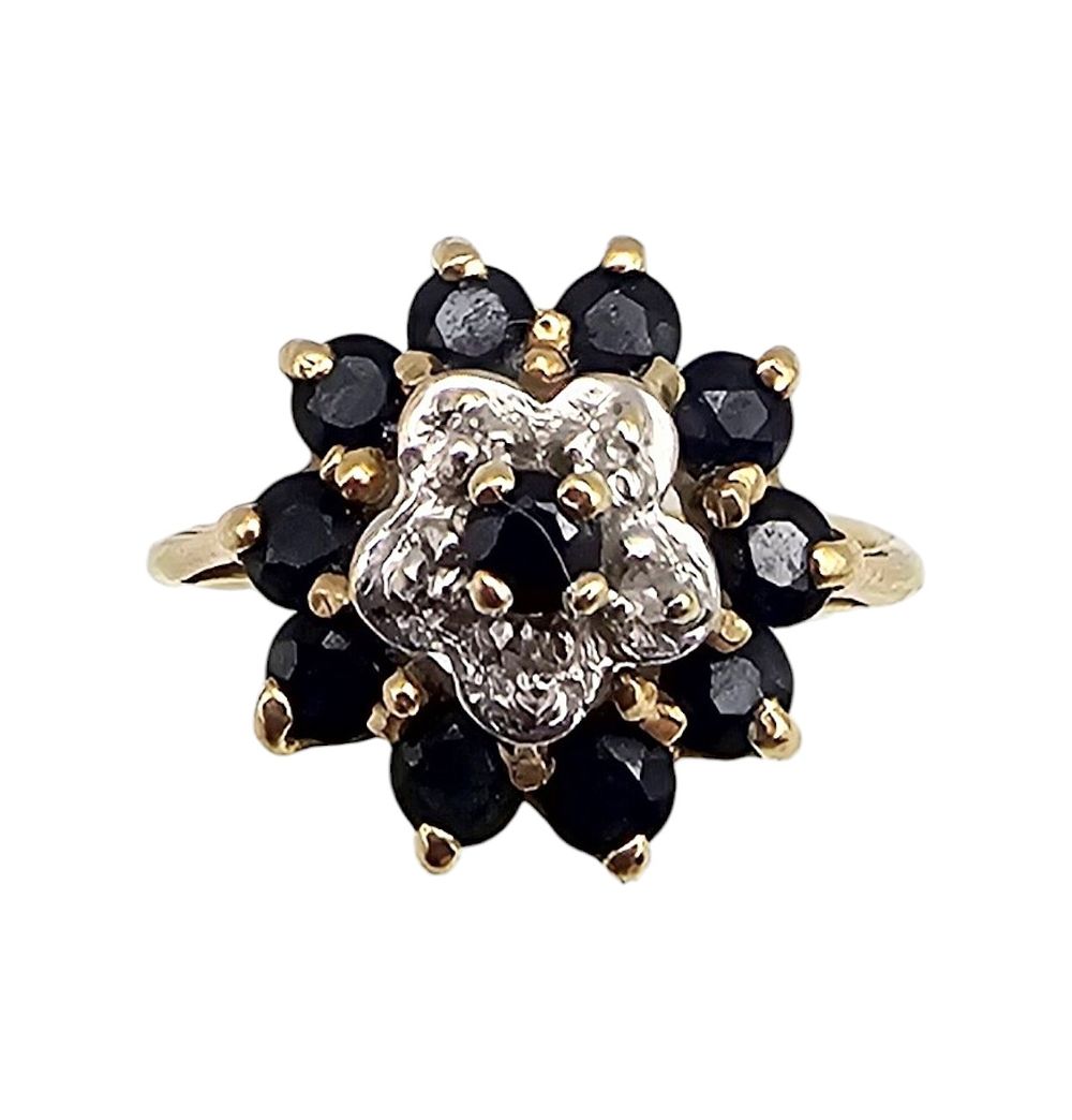 Lot 362: 10K Gold Diamond Lab Sapphire Cocktail Ring Size 3.5 1.8g