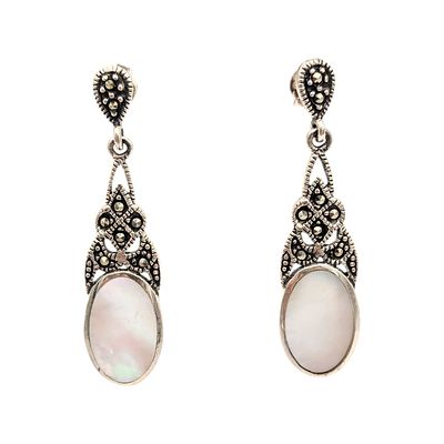 Sterling Marcasite and Mother of Pearl Dangle Earrings 5g
