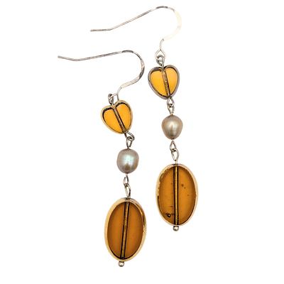 Sterling Dangle Earrings With Amber and Pearl Accents 5.63g