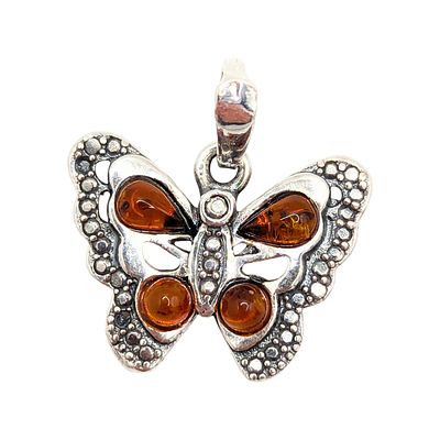 Sterling Amber Butterfly Pendant 1.74g