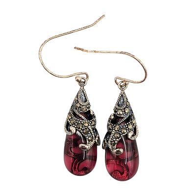 Sterling Marcasite Red Glass Drop Earrings 7.25g. Sterling SLC Marcasite Red Glass Drop Earrings 