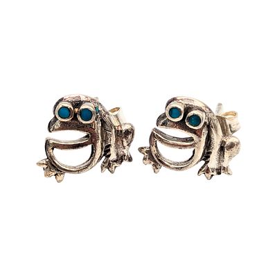 Sterling Turquoise Inlay Eye Frog Stud Earrings 2g