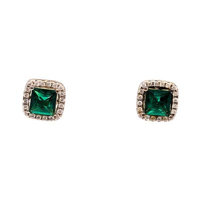Sterling Emerald, and Clear Rhinestones Halo Stud Earrings 2.25g DM