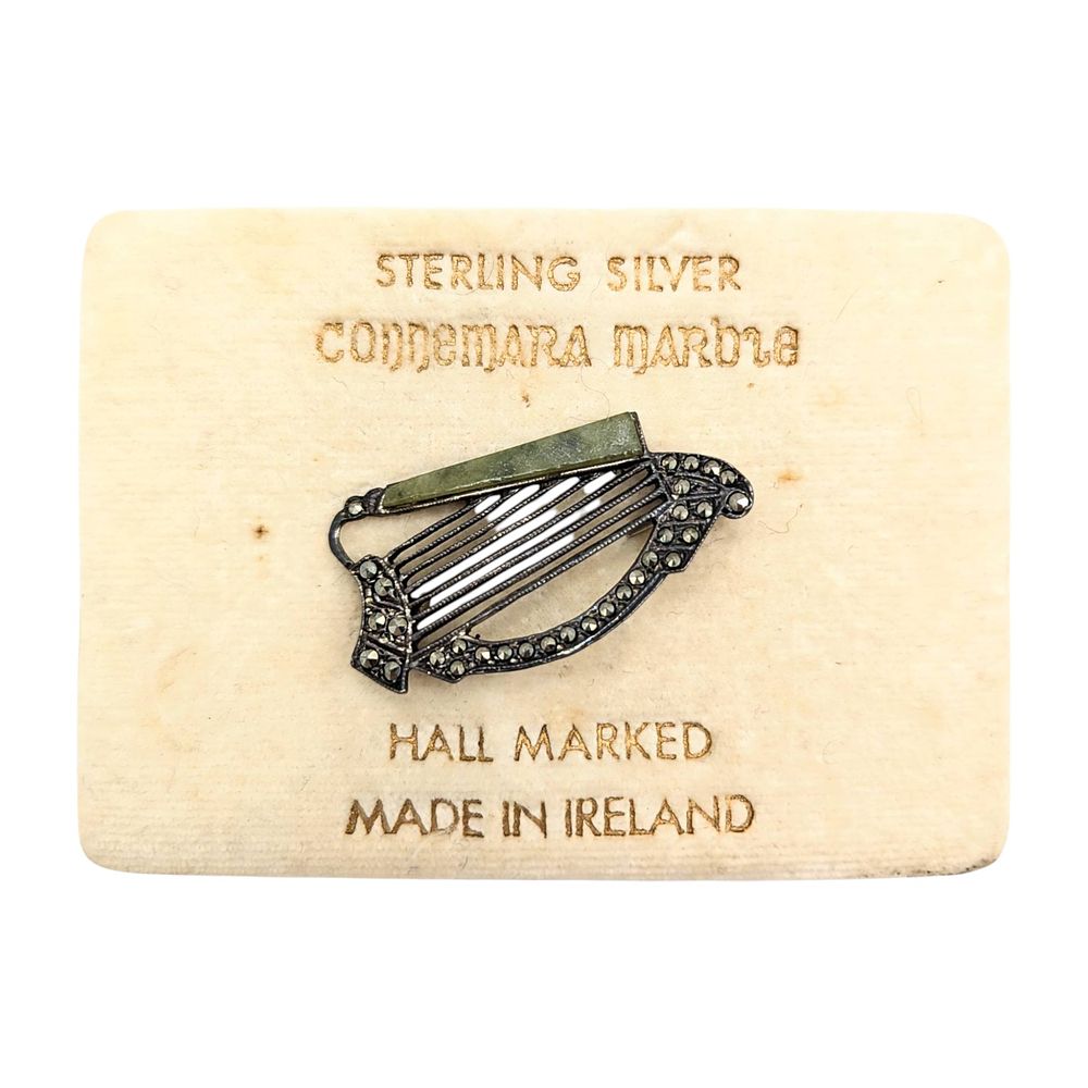 Lot 203: Sterling , Marcasite and Connemara Marble Harp Brooch, 3.6g