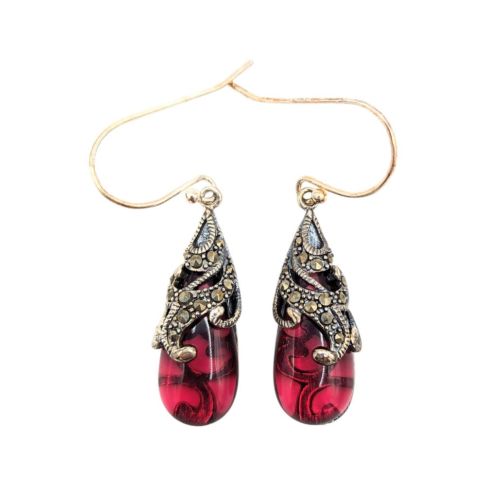 Lot 204: Sterling Marcasite wine colored Rhinestone Dangle Earrings 7.24g