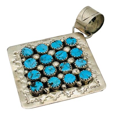Darlene Begay Navajo Sterling Turquoise Cluster Pendant stamped and diamond shaped. 18.3 grams